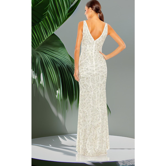 NWT Mac Duggal Ivory and Silver Sequin V-Neck Slit Leg Gown 10 MSRP: $650 - Picture 2 of 9